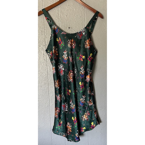 Looney Tunes Mania Other - Vtg 90s Looney Tunes Lingerie Green Satin Nightgown Christmas Slip Size L